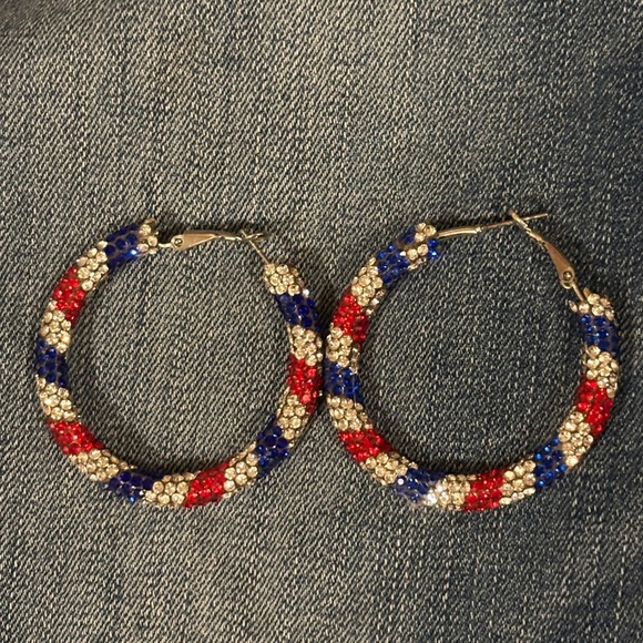 Jewelry - Red, Blue, and Silver rhinestone Hoop Earrings
